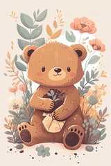 AI generated illustration of a cute cartoon teddy bear surrounded by a frame of blooming flowers