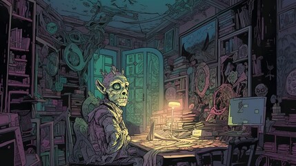 AI generated illustration of a mysterious alien in his home office, comic book style