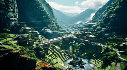 AI generated illustration of the iconic Machu Picchu, the ancient Incan settlement in Peru - obrazy, fototapety, plakaty