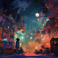 AI generated illustration of a young man facing a vibrant, abstract cityscape