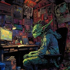 AI generated illustration of a comic book goblin looking intensely at his monitor