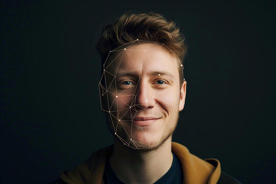 beautiful man smiling face being recognized by facedetect algorithm, scanner of the volumetric-spatial shape of a person’s face