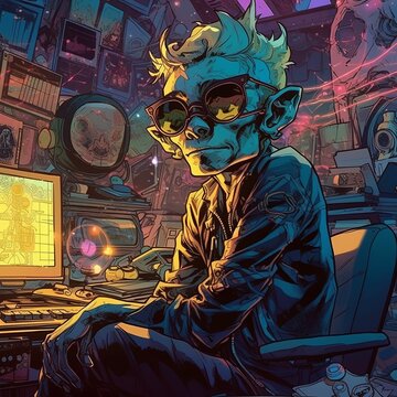AI generated illustration of a humanoid alien with a smirk sitting at a desk, comic book style