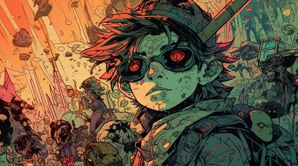 Detailed comic-book art of a young guy in goggles walking down a busy city street, ai-generated