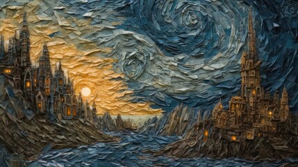 AI generated illustration of an abstract painting with castles in a nighttime scene