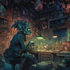 Detailed comic-book art of a green worried gremlin with goblins, AI-generated