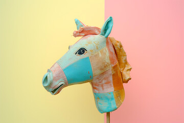 children's toy - the head of a beautiful fabric horse on a stick isolated on a pastel background. hobbyhorsing concept