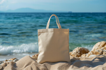 Blank beige eco cotton tote bag, shopper at the background of summer seaside