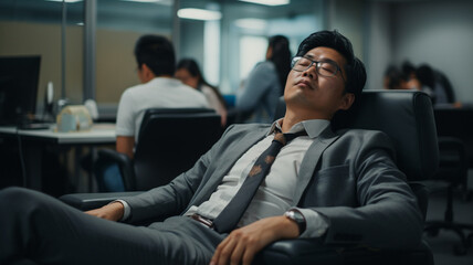オフィスで寝てしまうアジア人男性