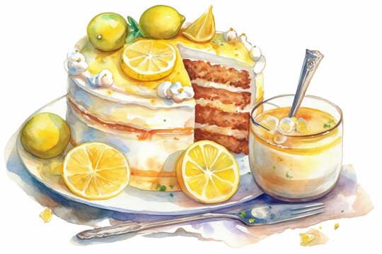 AI-generated illustration of a watercolor painting of a freshly baked lemon cake.