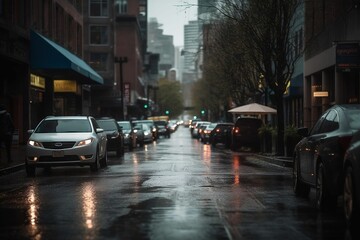 AI generated illustration of cars parked on a street on a rainy day