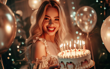 Obraz na płótnie Canvas photo slim white lady in romantic outfit posing with birthday cake