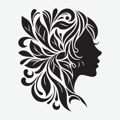 Face of a beautiful girl with flowers in her hair. black and white silhouette. Creative beauty design..
