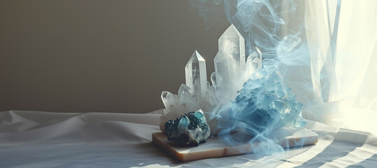 Set of crystals and geodes with pastel blue smoke.