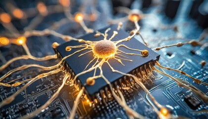 A microscopic view of artificial neurons firing within a neuromorphic computing chip. - obrazy, fototapety, plakaty