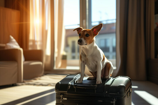 the dog sits on a suitcase, in the middle of a modern hotel room. sun and shadow. concept - pet friendly hotel