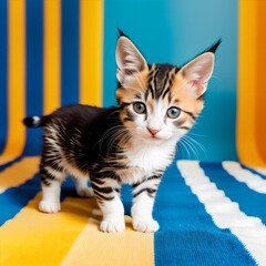 AI generated illustration of an adorable cat perched on a colorful blanket