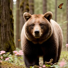 Fototapeta premium AI generated illustration of a brown bear walking in a dense green forest