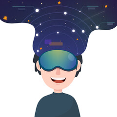 Metaverse or virtual. boy in VR glasses interacting with Virtual reality space or galaxy. digital world, technology concept. Immersive Experience