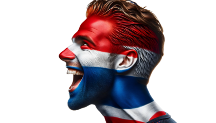 man soccer fun profile portrait with painted face of dutch national flag isolated on transparent background