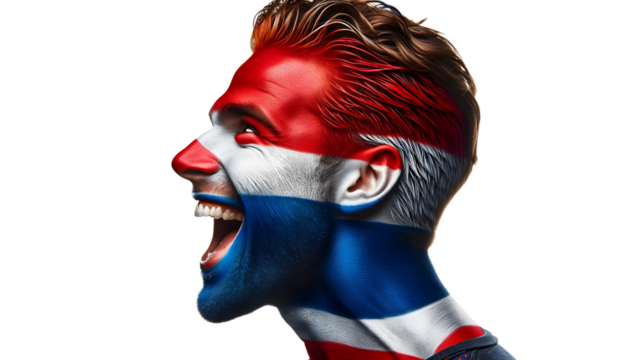 man soccer fun profile portrait with painted face of dutch national flag isolated on transparent background