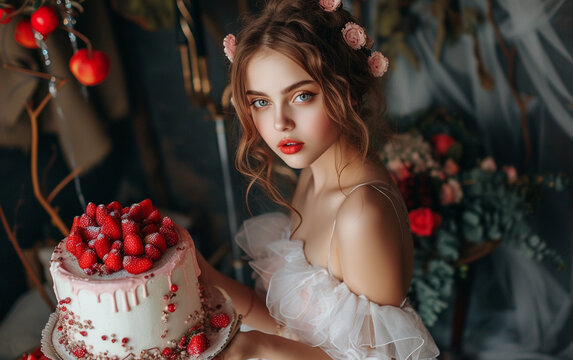 photo slim white lady in romantic outfit posing with birthday cake