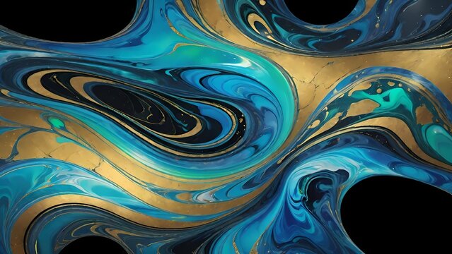 Arte fluida com ondas de m&aacute;rmore nas cores turquesa, ouro e branco que se misturam criando um efeito marmoreado