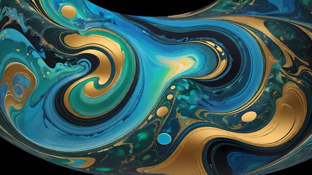 Arte fluida com ondas de m&aacute;rmore nas cores turquesa, ouro e branco que se misturam criando um efeito marmoreado