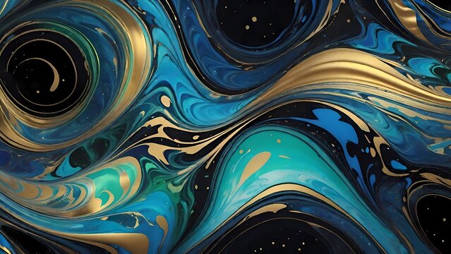 Arte fluida com ondas de m&aacute;rmore nas cores turquesa, ouro e branco que se misturam criando um efeito marmoreado