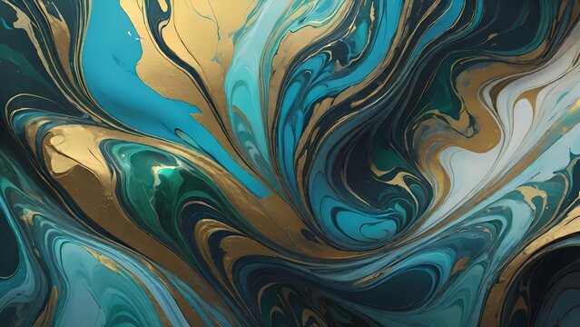 Arte fluida com ondas de m&aacute;rmore nas cores turquesa, ouro e branco que se misturam criando um efeito marmoreado