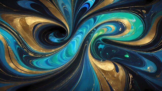 Arte fluida com ondas de m&aacute;rmore nas cores turquesa, ouro e branco que se misturam criando um efeito marmoreado