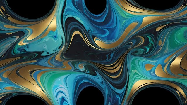Arte fluida com ondas de m&aacute;rmore nas cores turquesa, ouro e branco que se misturam criando um efeito marmoreado