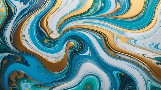 Arte fluida com ondas de m&aacute;rmore nas cores turquesa, ouro e branco que se misturam criando um efeito marmoreado