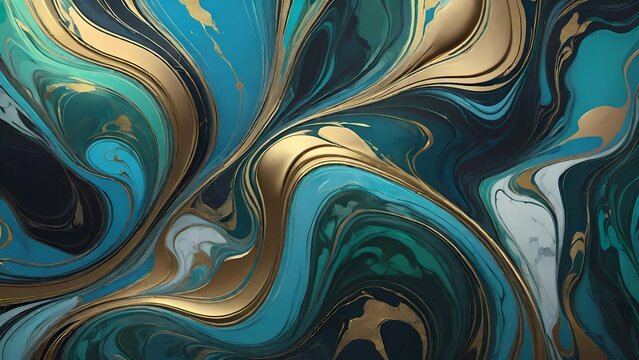 Arte fluida com ondas de m&aacute;rmore nas cores turquesa, ouro e branco que se misturam criando um efeito marmoreado