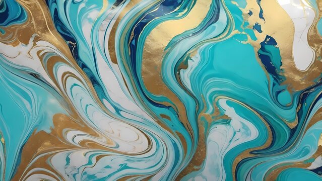 Arte fluida com ondas de m&aacute;rmore nas cores turquesa, ouro e branco que se misturam criando um efeito marmoreado
