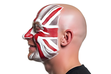 man soccer fun profile portrait with painted face of english national flag isolated on transparent background