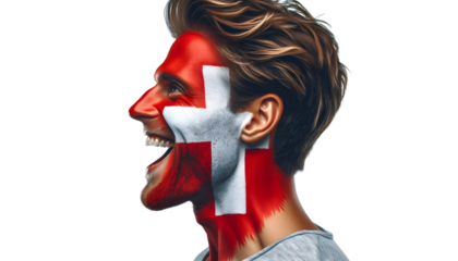 man soccer fun profile portrait with painted face of swiss national flag isolated on transparent background