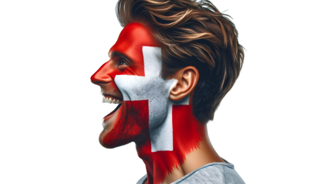 man soccer fun profile portrait with painted face of swiss national flag isolated on transparent background