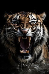 AI generated vertical illustration of a Bengal tiger roaring with its mouth open in the water