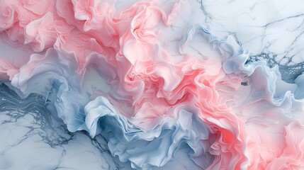 A sophisticated and surreal abstract scene is created by delicate tendrils of blush pink, celestial blue, and iridescent silver flowing across a smooth marble surface. 
 - obrazy, fototapety, plakaty