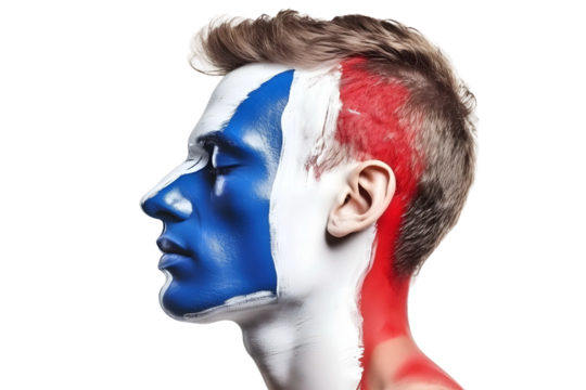 man soccer fun profile portrait with painted face of french national flag isolated on transparent background