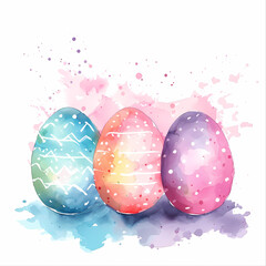 Easter watercolor illustration with cute, colorful easter eggs and flowers, white background, good for greeting card template