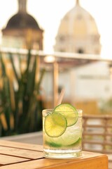 Closeup of a glass of mojito on a rooftop cafe in Cartagena, Colombia