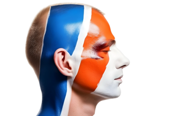 man soccer fun profile portrait with painted face of dutch national flag isolated on transparent background