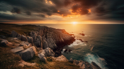 AI generated illustration of a stunning sunset over a rocky island in the ocean