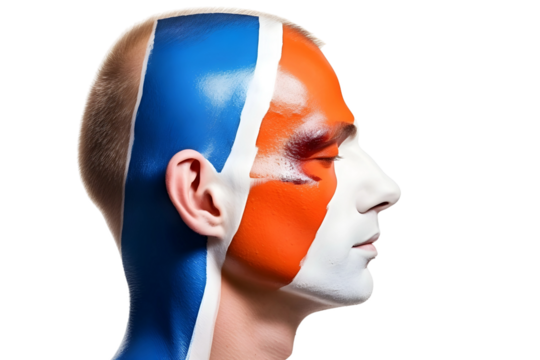 man soccer fun profile portrait with painted face of dutch national flag isolated on transparent background