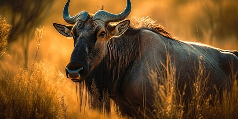 AI generated illustration of a blue wildebeest in a pasture of lush green grass - obrazy, fototapety, plakaty