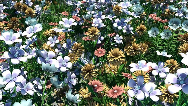 3D animation - Looped animated background of colorful flowers moved by the wind on a sunny day