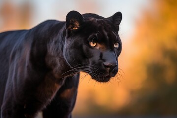 Naklejka na ściany i meble AI generated illustration of a majestic black leopard in the sun-drenched wilderness