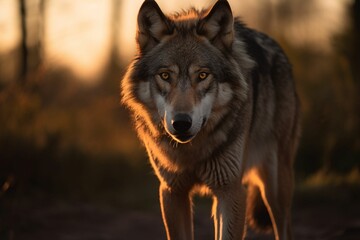 AI generated illustration of a majestic wolf in a tranquil forest at the end of the day